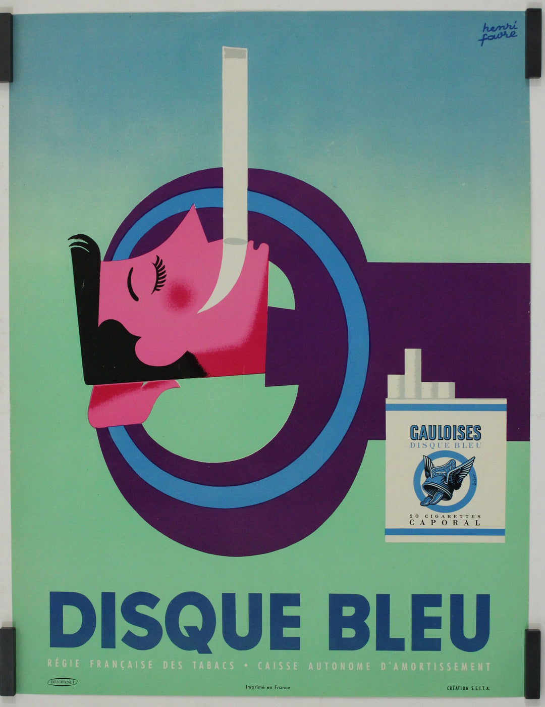 【ヴィンテージポスター】henri favre　GAULOISES（ゴロワーズ) 1956 DISQUE BLUE GAULOISE Cigarettes Huge ORIGINAL POSTER by